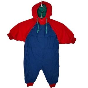 Vintage Baby Gap Hooded Lined Snowsuit Romper, Blue & Red, Size XL 18-24Mo